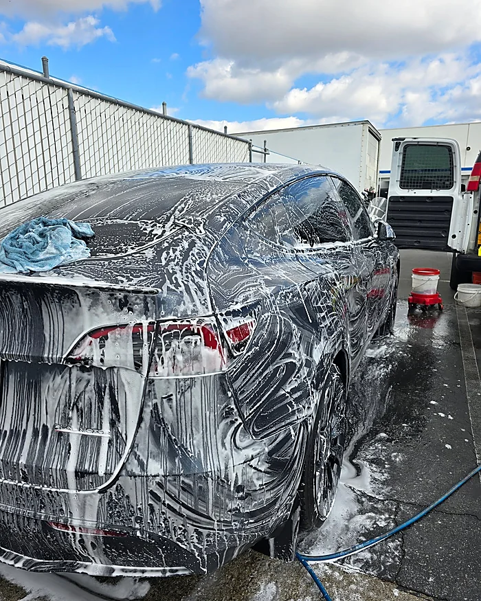 Tesla covered in foam during a hand wash